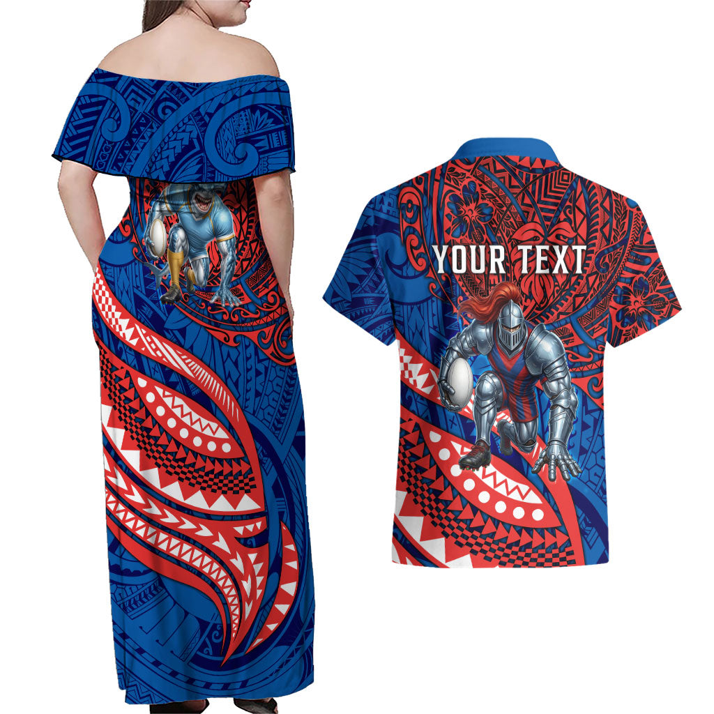 Personalised Newcastle Knights Couples Matching Off Shoulder Maxi Dress and Hawaiian Shirt Polynesian Tribal Art Style With Armored Knight Mascot