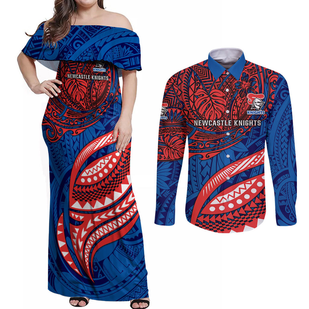 Personalised Newcastle Knights Couples Matching Off Shoulder Maxi Dress and Long Sleeve Button Shirt Polynesian Tribal Art Style With Armored Knight Mascot