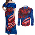 Personalised Newcastle Knights Couples Matching Off Shoulder Maxi Dress and Long Sleeve Button Shirt Polynesian Tribal Art Style With Armored Knight Mascot