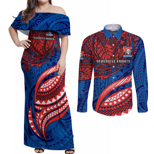 Personalised Newcastle Knights Couples Matching Off Shoulder Maxi Dress and Long Sleeve Button Shirt Polynesian Tribal Art Style With Armored Knight Mascot