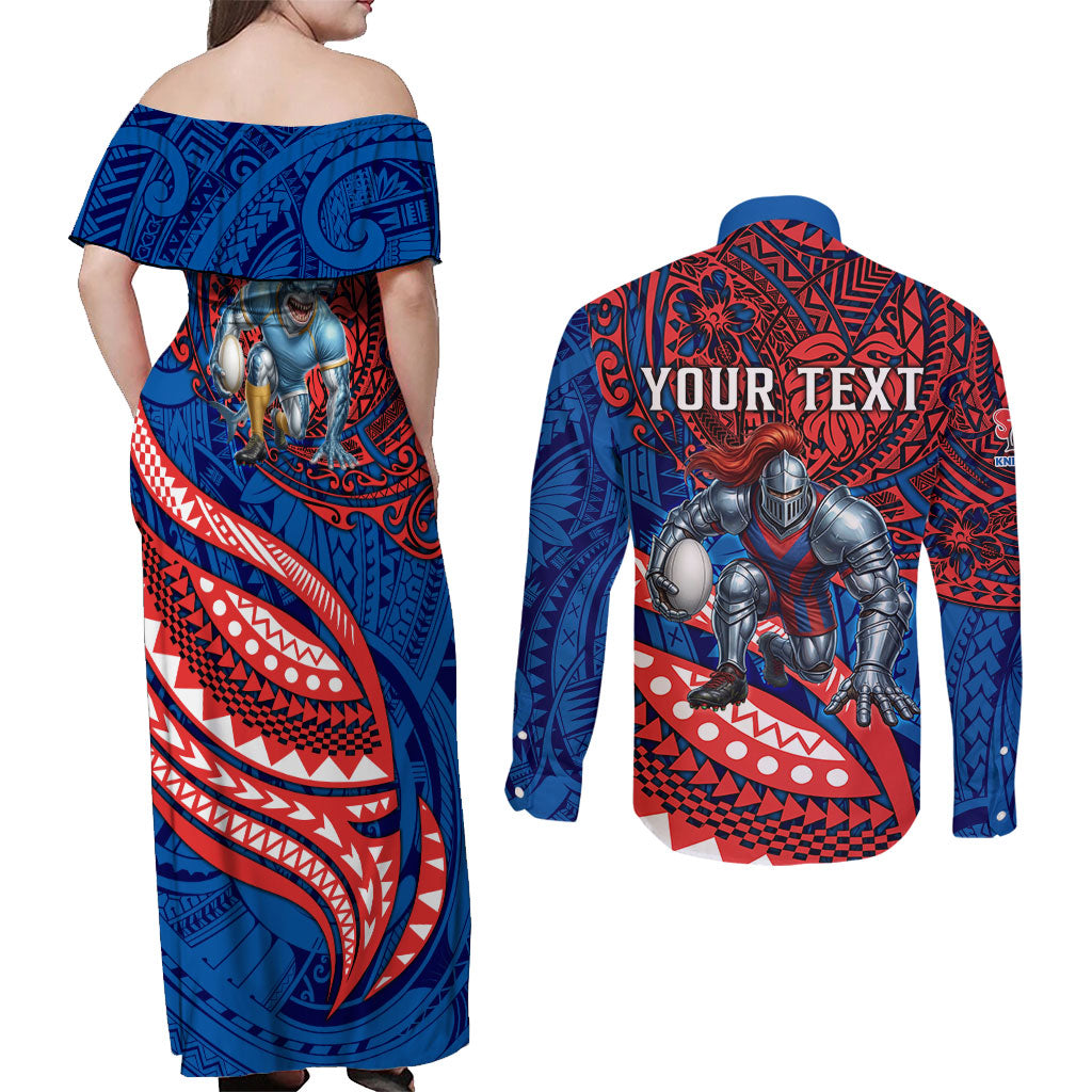 Personalised Newcastle Knights Couples Matching Off Shoulder Maxi Dress and Long Sleeve Button Shirt Polynesian Tribal Art Style With Armored Knight Mascot