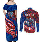 Personalised Newcastle Knights Couples Matching Off Shoulder Maxi Dress and Long Sleeve Button Shirt Polynesian Tribal Art Style With Armored Knight Mascot