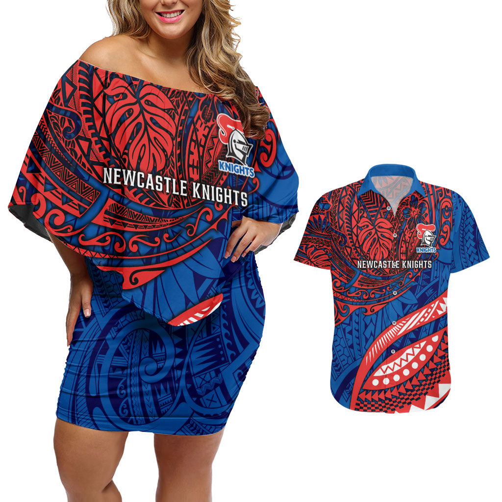 Personalised Newcastle Knights Couples Matching Off Shoulder Short Dress and Hawaiian Shirt Polynesian Tribal Art Style With Armored Knight Mascot