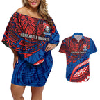 Personalised Newcastle Knights Couples Matching Off Shoulder Short Dress and Hawaiian Shirt Polynesian Tribal Art Style With Armored Knight Mascot