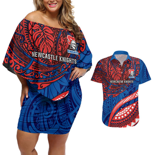 Personalised Newcastle Knights Couples Matching Off Shoulder Short Dress and Hawaiian Shirt Polynesian Tribal Art Style With Armored Knight Mascot