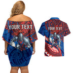 Personalised Newcastle Knights Couples Matching Off Shoulder Short Dress and Hawaiian Shirt Polynesian Tribal Art Style With Armored Knight Mascot