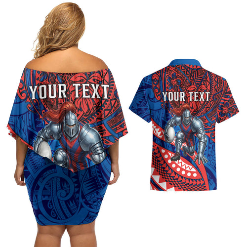 Personalised Newcastle Knights Couples Matching Off Shoulder Short Dress and Hawaiian Shirt Polynesian Tribal Art Style With Armored Knight Mascot
