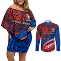 Personalised Newcastle Knights Couples Matching Off Shoulder Short Dress and Long Sleeve Button Shirt Polynesian Tribal Art Style With Armored Knight Mascot