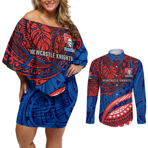 Personalised Newcastle Knights Couples Matching Off Shoulder Short Dress and Long Sleeve Button Shirt Polynesian Tribal Art Style With Armored Knight Mascot