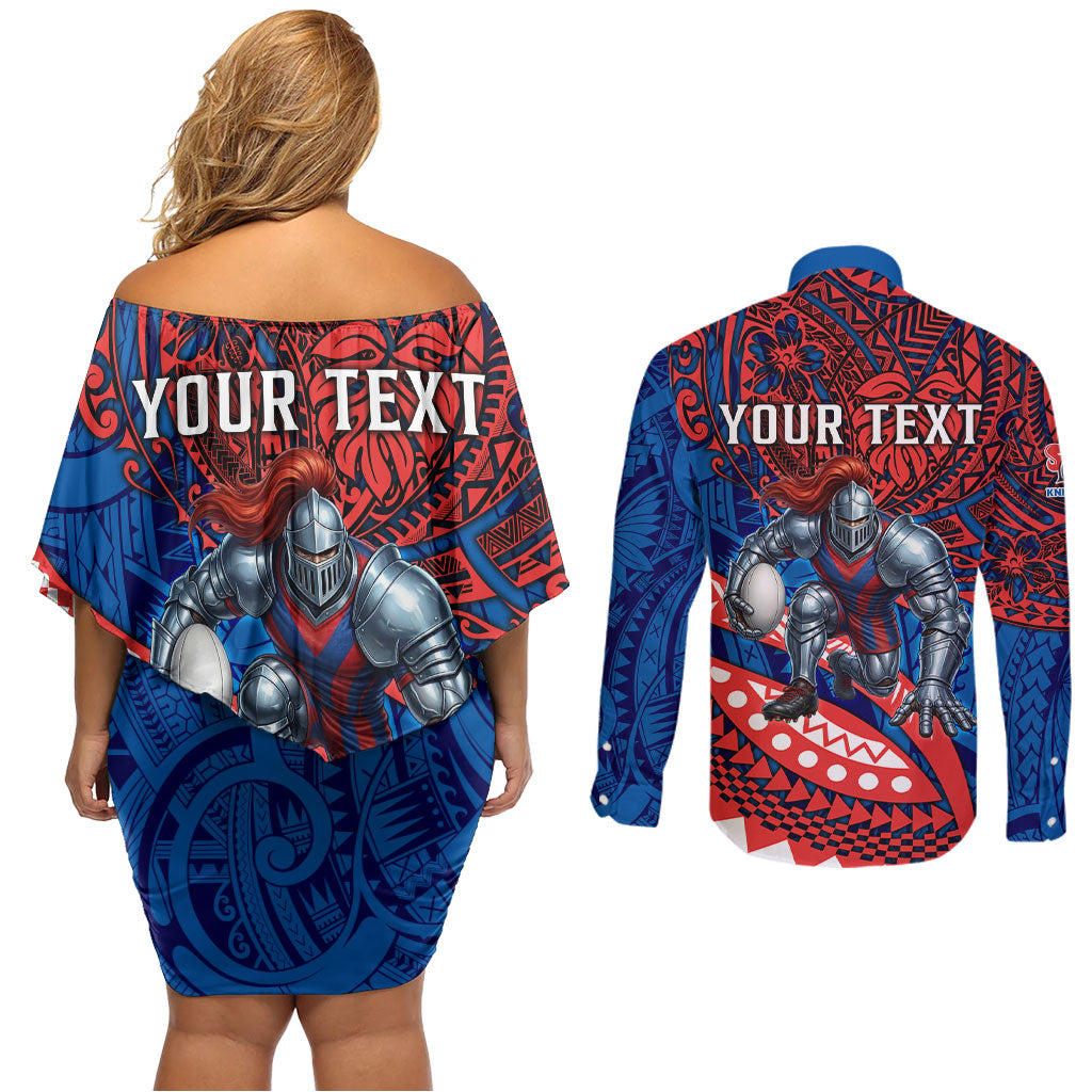 Personalised Newcastle Knights Couples Matching Off Shoulder Short Dress and Long Sleeve Button Shirt Polynesian Tribal Art Style With Armored Knight Mascot