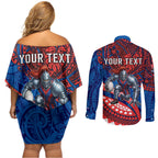 Personalised Newcastle Knights Couples Matching Off Shoulder Short Dress and Long Sleeve Button Shirt Polynesian Tribal Art Style With Armored Knight Mascot