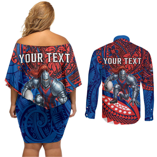 Personalised Newcastle Knights Couples Matching Off Shoulder Short Dress and Long Sleeve Button Shirt Polynesian Tribal Art Style With Armored Knight Mascot