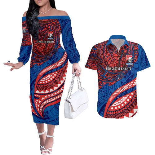 Personalised Newcastle Knights Couples Matching Off The Shoulder Long Sleeve Dress and Hawaiian Shirt Polynesian Tribal Art Style With Armored Knight Mascot