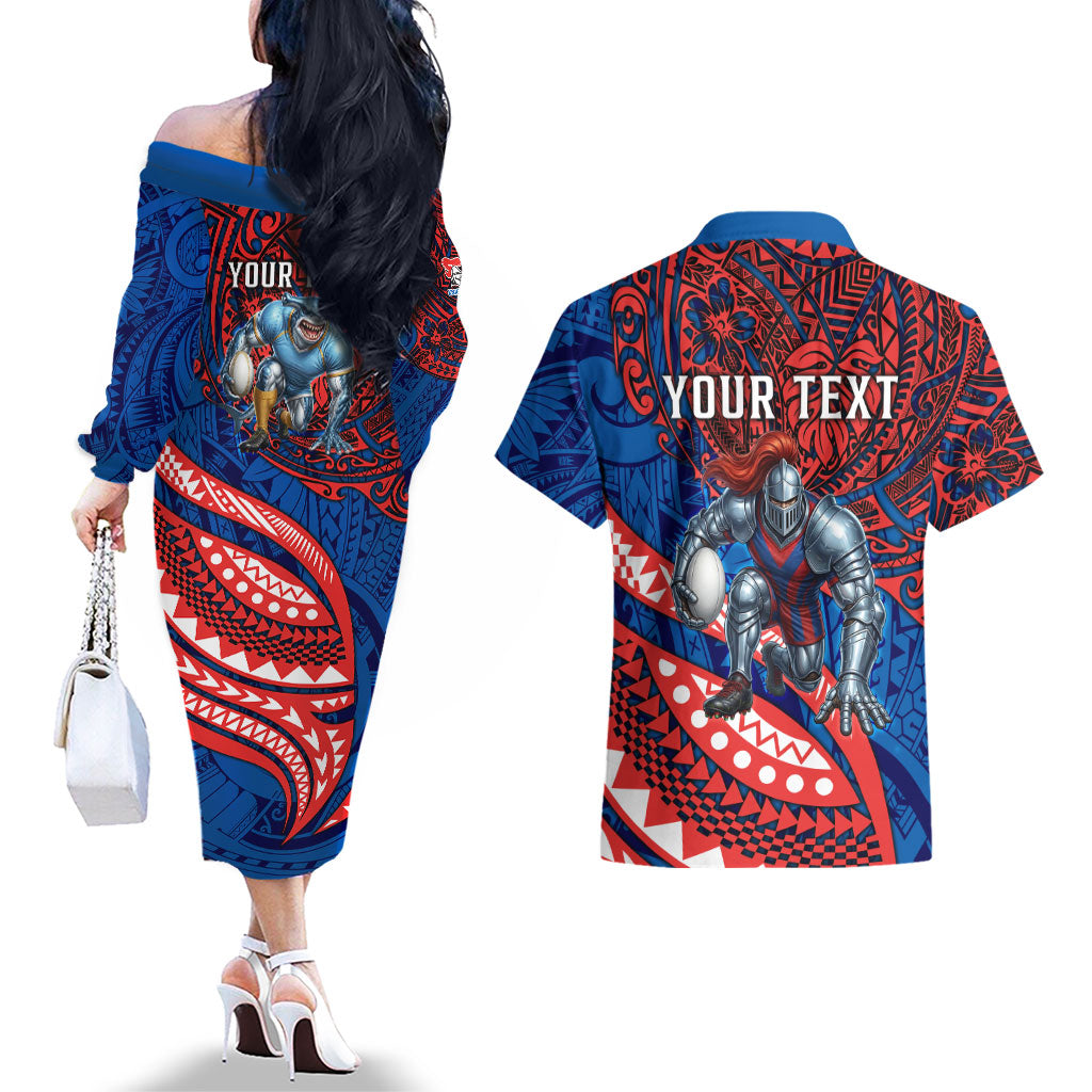 Personalised Newcastle Knights Couples Matching Off The Shoulder Long Sleeve Dress and Hawaiian Shirt Polynesian Tribal Art Style With Armored Knight Mascot