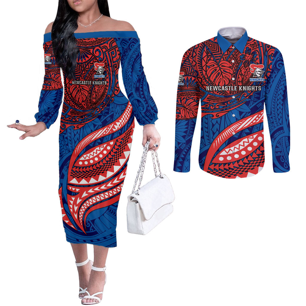 Personalised Newcastle Knights Couples Matching Off The Shoulder Long Sleeve Dress and Long Sleeve Button Shirt Polynesian Tribal Art Style With Armored Knight Mascot