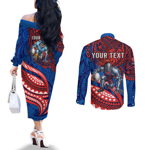 Personalised Newcastle Knights Couples Matching Off The Shoulder Long Sleeve Dress and Long Sleeve Button Shirt Polynesian Tribal Art Style With Armored Knight Mascot