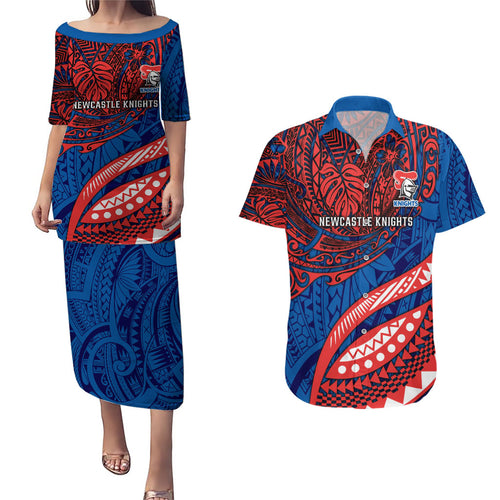 Personalised Newcastle Knights Couples Matching Puletasi and Hawaiian Shirt Polynesian Tribal Art Style With Armored Knight Mascot