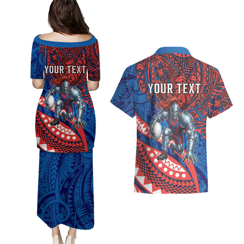 Personalised Newcastle Knights Couples Matching Puletasi and Hawaiian Shirt Polynesian Tribal Art Style With Armored Knight Mascot