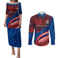 Personalised Newcastle Knights Couples Matching Puletasi and Long Sleeve Button Shirt Polynesian Tribal Art Style With Armored Knight Mascot