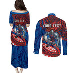 Personalised Newcastle Knights Couples Matching Puletasi and Long Sleeve Button Shirt Polynesian Tribal Art Style With Armored Knight Mascot