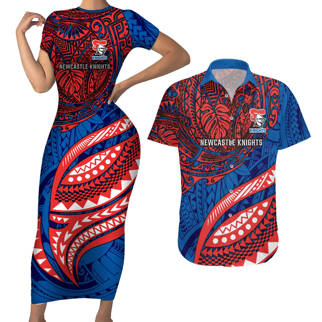 Personalised Newcastle Knights Couples Matching Short Sleeve Bodycon Dress and Hawaiian Shirt Polynesian Tribal Art Style With Armored Knight Mascot