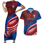 Personalised Newcastle Knights Couples Matching Short Sleeve Bodycon Dress and Hawaiian Shirt Polynesian Tribal Art Style With Armored Knight Mascot
