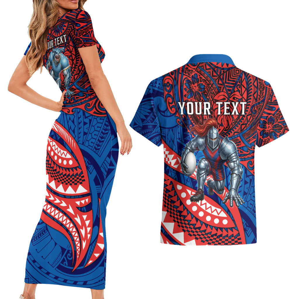 Personalised Newcastle Knights Couples Matching Short Sleeve Bodycon Dress and Hawaiian Shirt Polynesian Tribal Art Style With Armored Knight Mascot