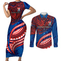Personalised Newcastle Knights Couples Matching Short Sleeve Bodycon Dress and Long Sleeve Button Shirt Polynesian Tribal Art Style With Armored Knight Mascot
