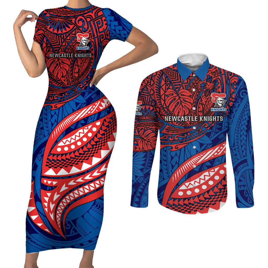 Personalised Newcastle Knights Couples Matching Short Sleeve Bodycon Dress and Long Sleeve Button Shirt Polynesian Tribal Art Style With Armored Knight Mascot