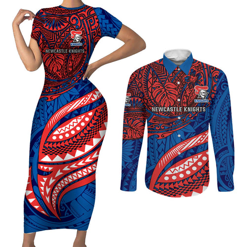Personalised Newcastle Knights Couples Matching Short Sleeve Bodycon Dress and Long Sleeve Button Shirt Polynesian Tribal Art Style With Armored Knight Mascot