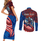Personalised Newcastle Knights Couples Matching Short Sleeve Bodycon Dress and Long Sleeve Button Shirt Polynesian Tribal Art Style With Armored Knight Mascot