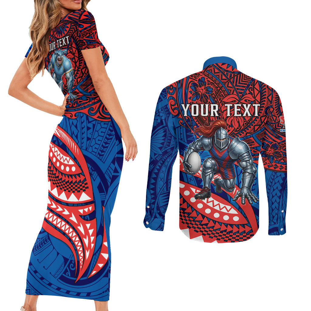 Personalised Newcastle Knights Couples Matching Short Sleeve Bodycon Dress and Long Sleeve Button Shirt Polynesian Tribal Art Style With Armored Knight Mascot