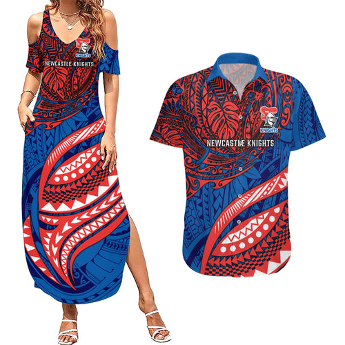Personalised Newcastle Knights Couples Matching Summer Maxi Dress and Hawaiian Shirt Polynesian Tribal Art Style With Armored Knight Mascot