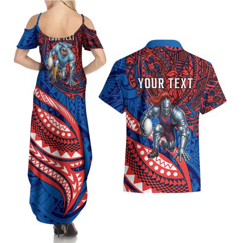 Personalised Newcastle Knights Couples Matching Summer Maxi Dress and Hawaiian Shirt Polynesian Tribal Art Style With Armored Knight Mascot