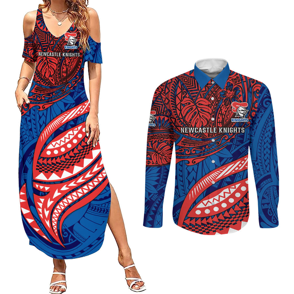 Personalised Newcastle Knights Couples Matching Summer Maxi Dress and Long Sleeve Button Shirt Polynesian Tribal Art Style With Armored Knight Mascot
