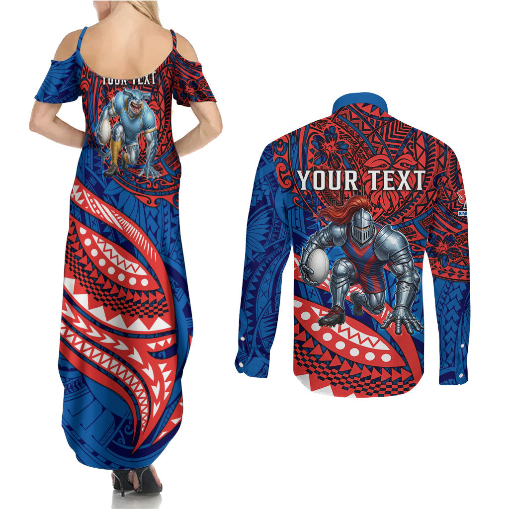 Personalised Newcastle Knights Couples Matching Summer Maxi Dress and Long Sleeve Button Shirt Polynesian Tribal Art Style With Armored Knight Mascot