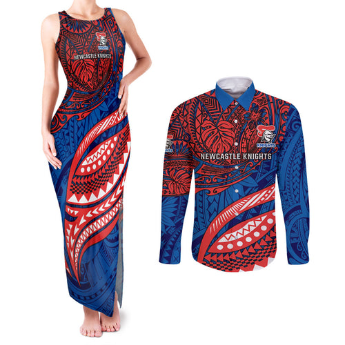 Personalised Newcastle Knights Couples Matching Tank Maxi Dress and Long Sleeve Button Shirt Polynesian Tribal Art Style With Armored Knight Mascot