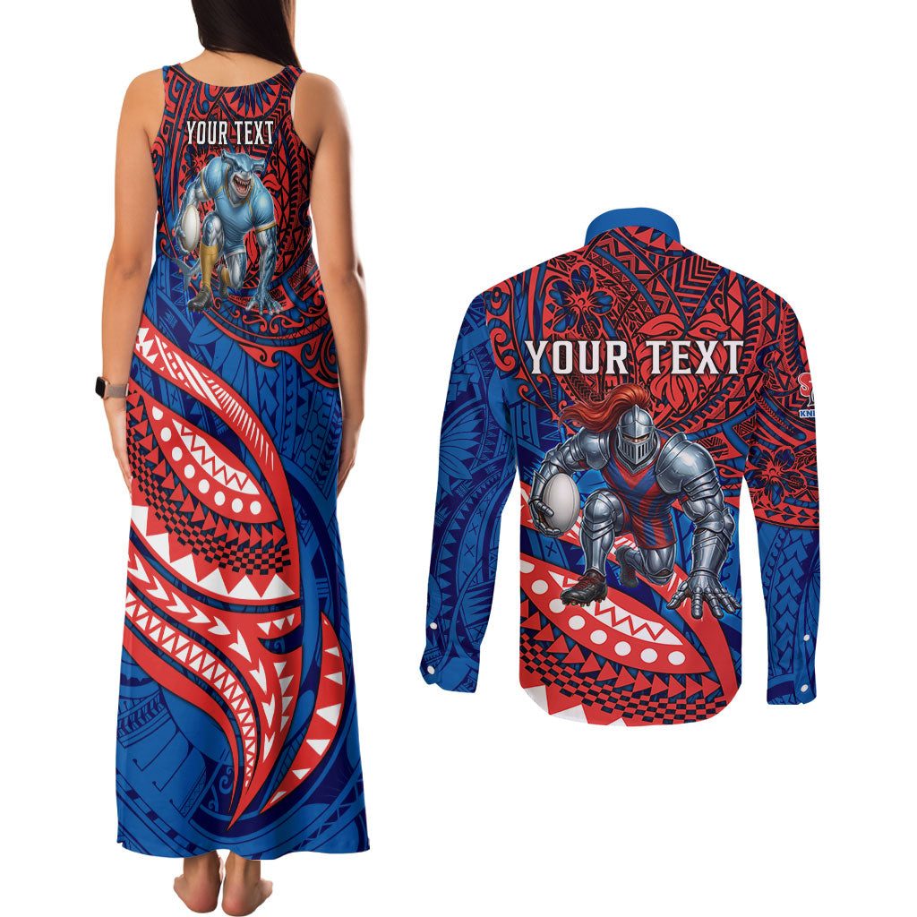 Personalised Newcastle Knights Couples Matching Tank Maxi Dress and Long Sleeve Button Shirt Polynesian Tribal Art Style With Armored Knight Mascot
