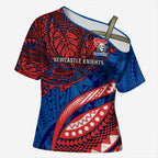 Personalised Newcastle Knights Cross Shoulder Shirt Polynesian Tribal Art Style With Armored Knight Mascot