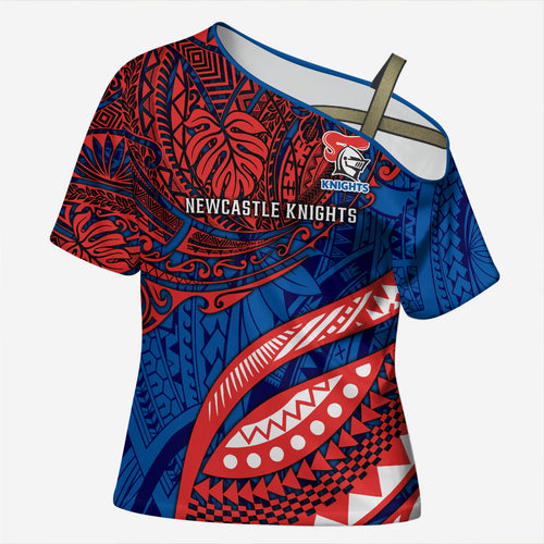Personalised Newcastle Knights Cross Shoulder Shirt Polynesian Tribal Art Style With Armored Knight Mascot