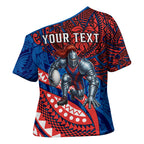 Personalised Newcastle Knights Cross Shoulder Shirt Polynesian Tribal Art Style With Armored Knight Mascot