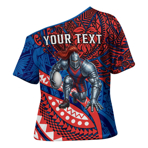 Personalised Newcastle Knights Cross Shoulder Shirt Polynesian Tribal Art Style With Armored Knight Mascot