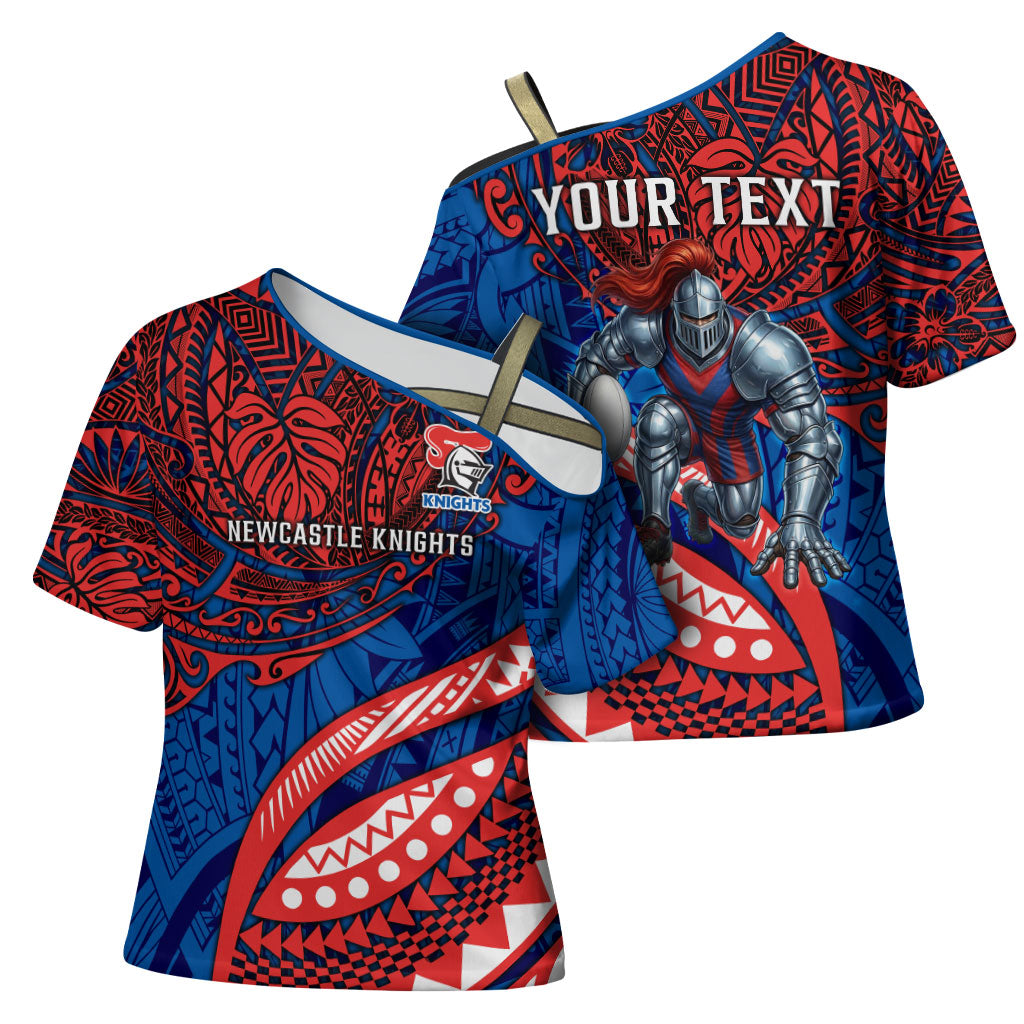 Personalised Newcastle Knights Cross Shoulder Shirt Polynesian Tribal Art Style With Armored Knight Mascot
