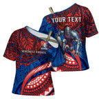 Personalised Newcastle Knights Cross Shoulder Shirt Polynesian Tribal Art Style With Armored Knight Mascot