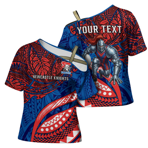 Personalised Newcastle Knights Cross Shoulder Shirt Polynesian Tribal Art Style With Armored Knight Mascot