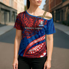 Personalised Newcastle Knights Cross Shoulder Shirt Polynesian Tribal Art Style With Armored Knight Mascot