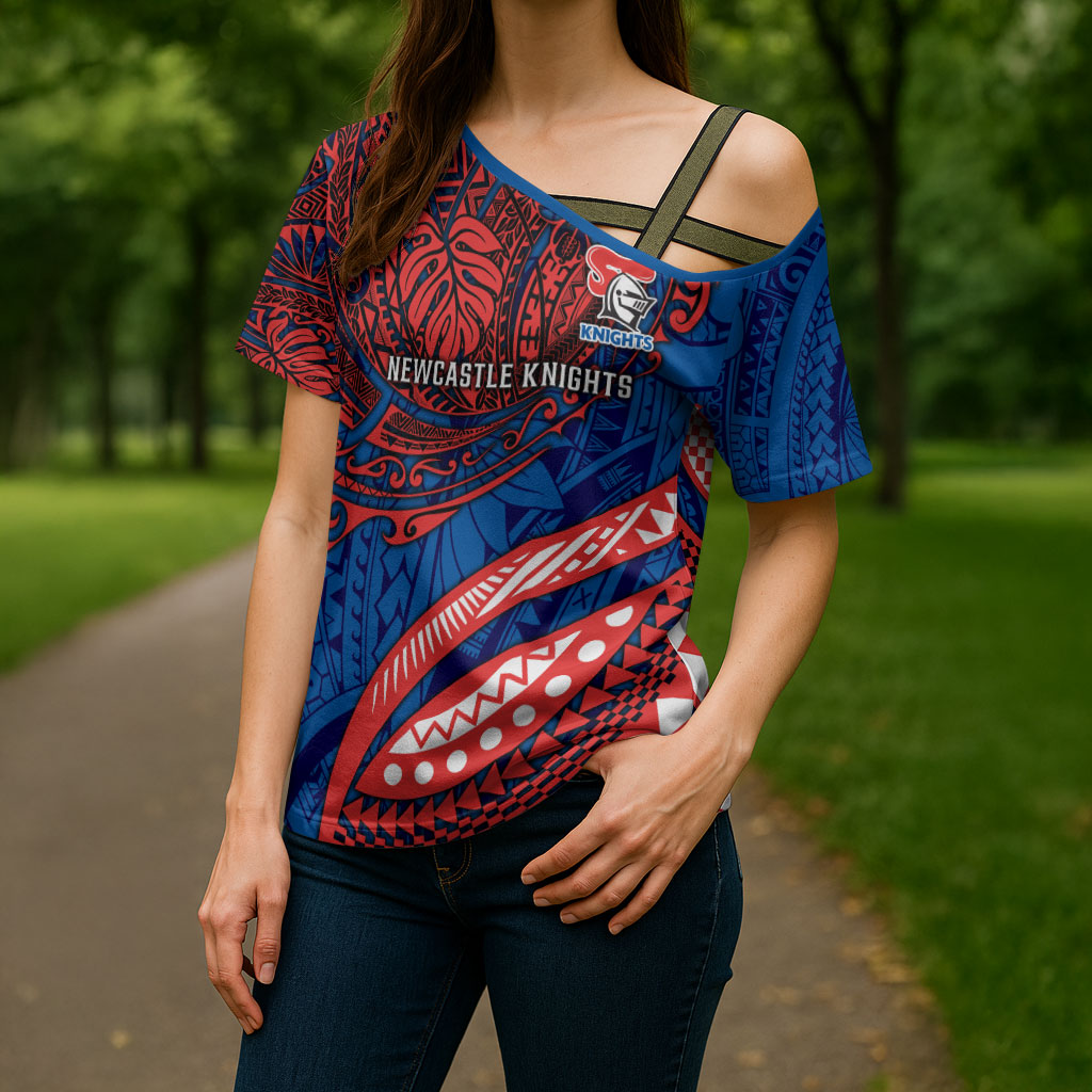 Personalised Newcastle Knights Cross Shoulder Shirt Polynesian Tribal Art Style With Armored Knight Mascot