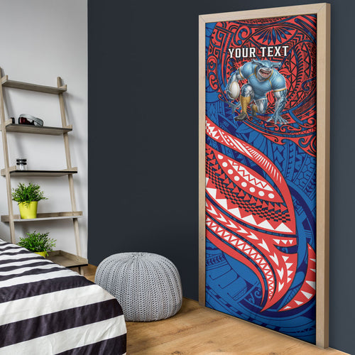 Personalised Newcastle Knights Door Cover Polynesian Tribal Art Style With Armored Knight Mascot