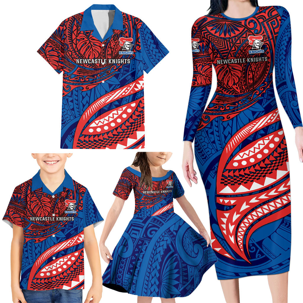 Personalised Newcastle Knights Family Matching Long Sleeve Bodycon Dress and Hawaiian Shirt Polynesian Tribal Art Style With Armored Knight Mascot