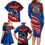 Personalised Newcastle Knights Family Matching Long Sleeve Bodycon Dress and Hawaiian Shirt Polynesian Tribal Art Style With Armored Knight Mascot
